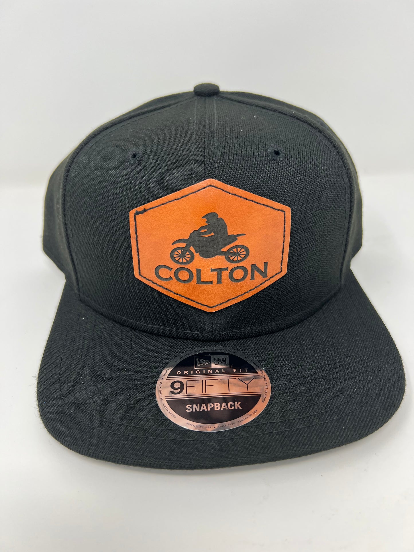 Custom leather patch hat with dirt bike and name